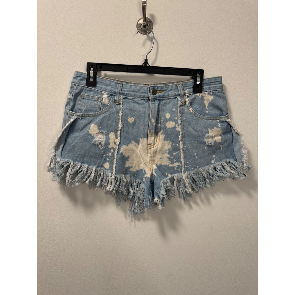POL Bleach Splatter Distressed Denim Shorts Light Wash Frayed Fringe L